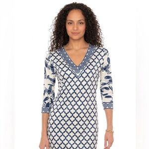 Gretchen Scott Lobster Soup Dress Blue White Crab Print V Neck Preppy Beach SZ M